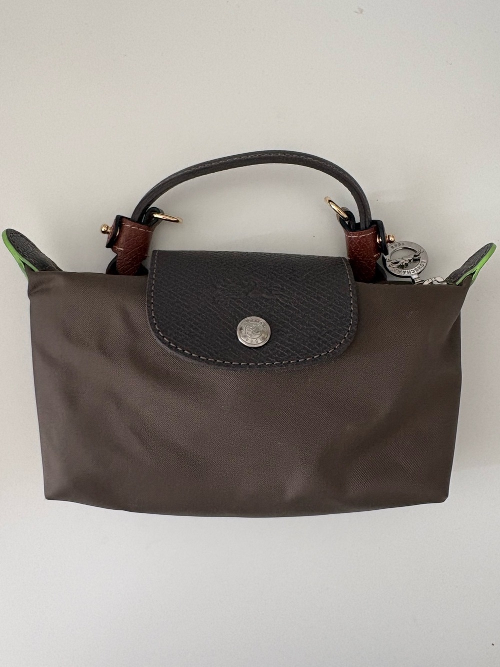 Longchamp Le Pliage XS Brown Leather & Nylon Crossbody Top Handle Rare Lime Trim - Picture 4 of 11